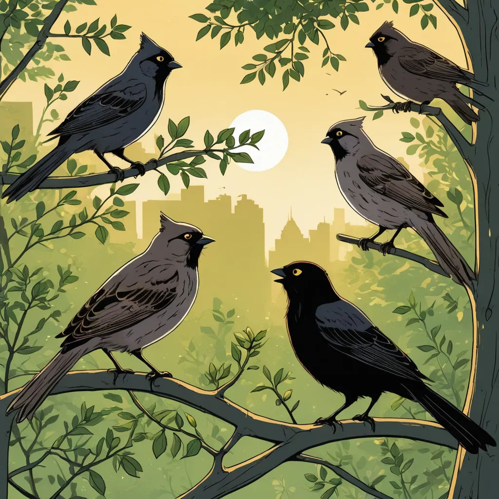 a group of birds sitting on top of a tree branch in a forest with a city in the background, primitivism, a storybook illustration, Charles Bird King, birds