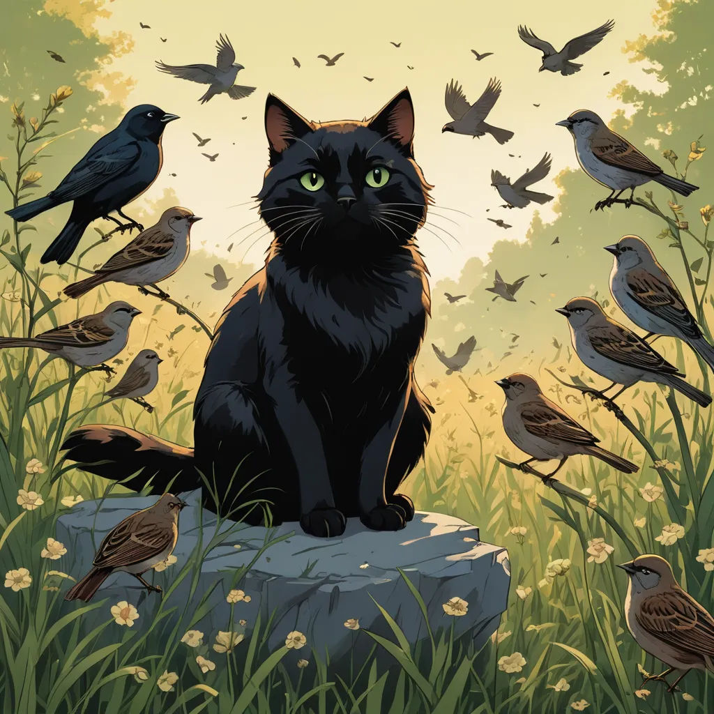 a black cat sitting on a rock surrounded by birds and grass in a field of flowers and grass with a yellow sky, furry art, a storybook illustration, Chris LaBrooy, comic cover art