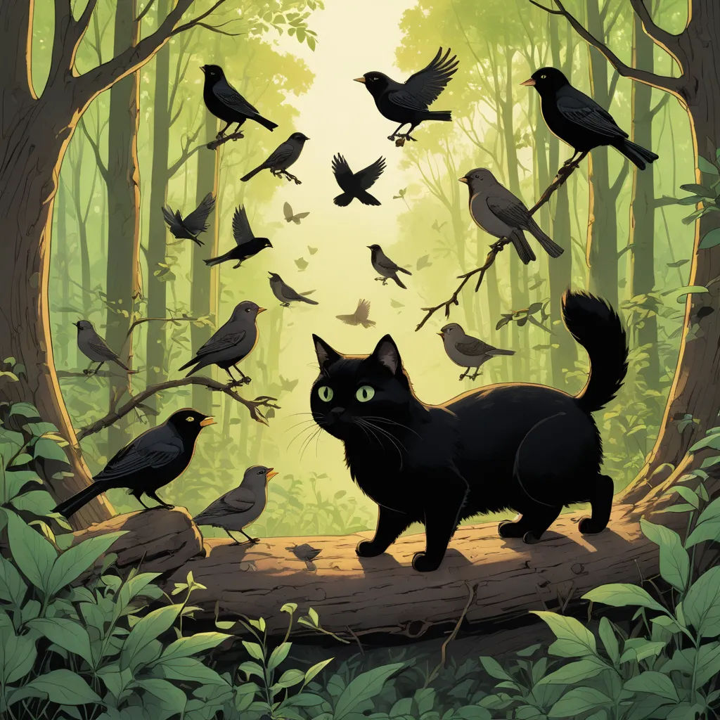 a black cat standing on a log in a forest with birds flying around it and a forest background with trees and birds, fantasy art, a storybook illustration, Chris LaBrooy, storybook illustration