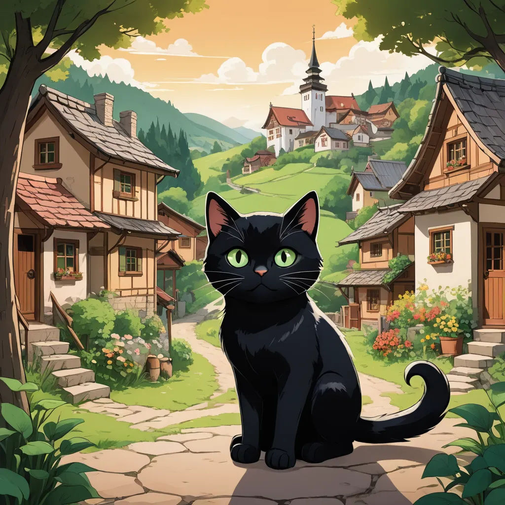 a black cat sitting on a stone path in front of a village with a steeple and a steeple house, sots art, a storybook illustration, Anne Said, official art