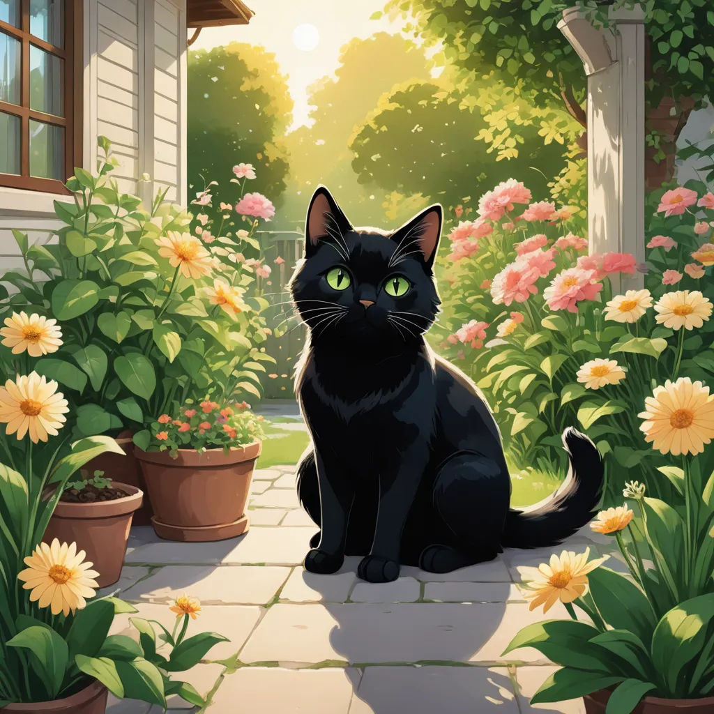 a black cat sitting in a garden with flowers and plants around it, looking at the camera with a green eyed look, sots art, a storybook illustration, Anne Said, official art
