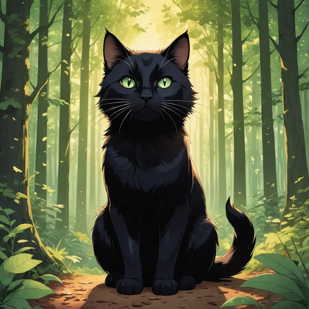 a black cat sitting in the middle of a forest with green eyes and a green - eyed look on its face, sots art, a character portrait, Dan Mumford, official art