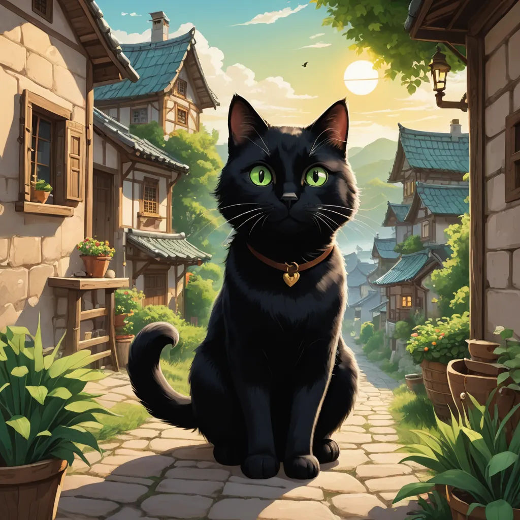 a black cat sitting on a cobblestone path in front of a village with a green eyed cat, fantasy art, a storybook illustration, Chris Rallis, official art