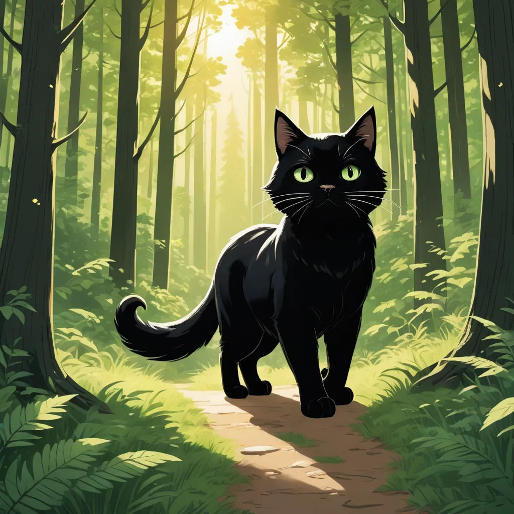 a black cat walking down a path in a forest with green eyes and a trail leading to the woods, furry art, a storybook illustration, Atey Ghailan, official art