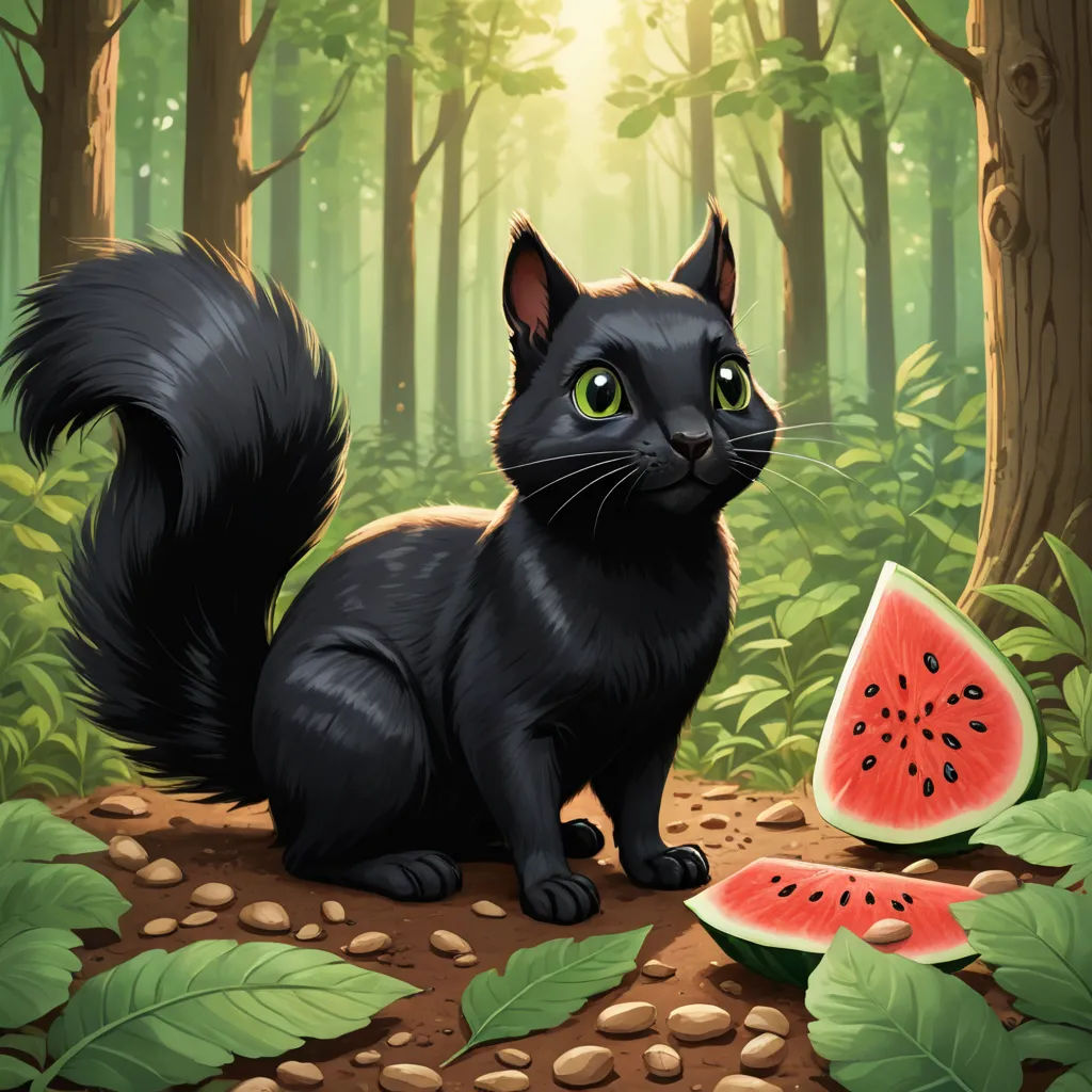 a black cat sitting in the forest next to a slice of watermelon and a slice of watermelon, sots art, a character portrait, Chris LaBrooy, official art