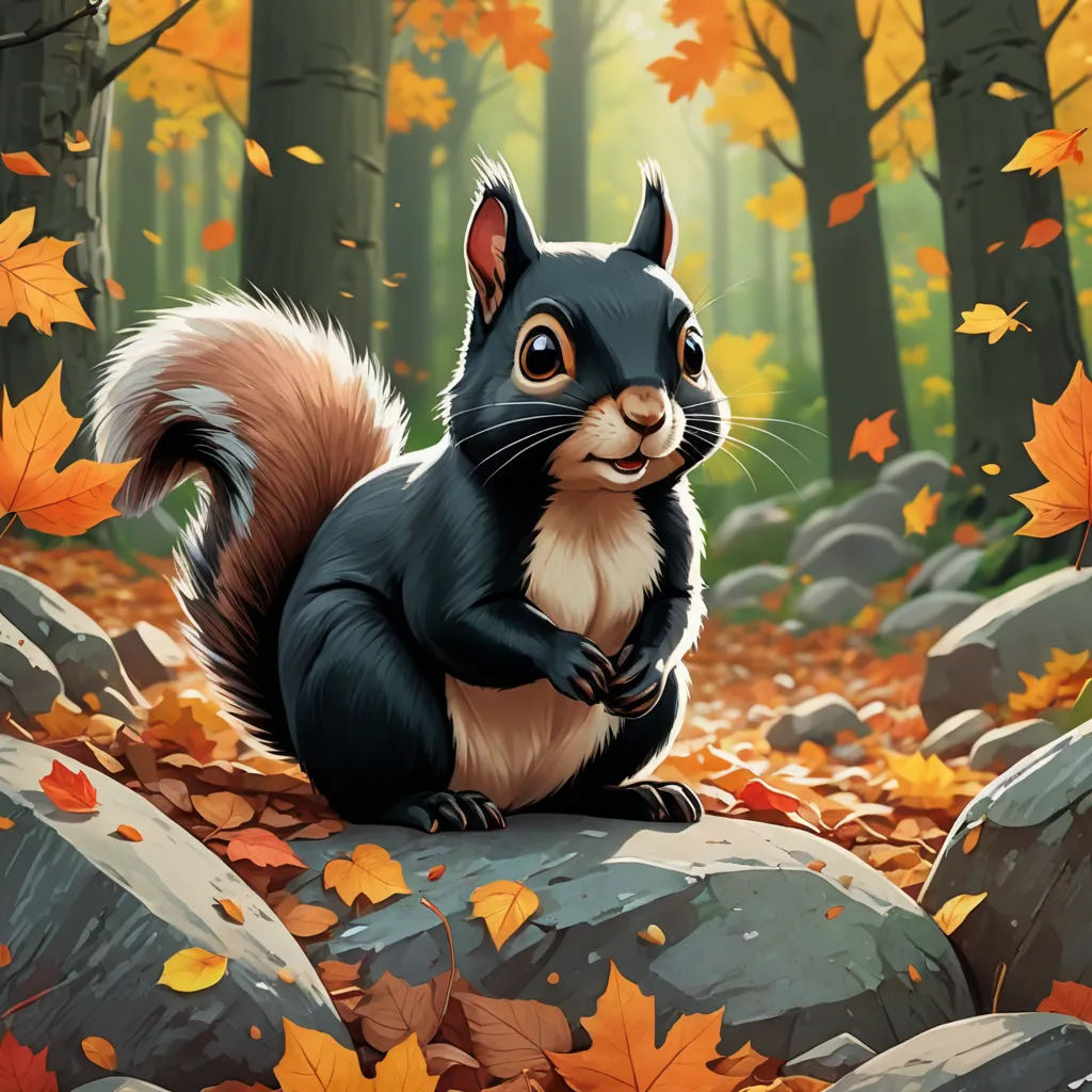 a squirrel sitting on a rock in a forest with leaves on the ground and a forest background with trees and rocks, altermodern, a character portrait, Chris LaBrooy, magic the gathering artwork
