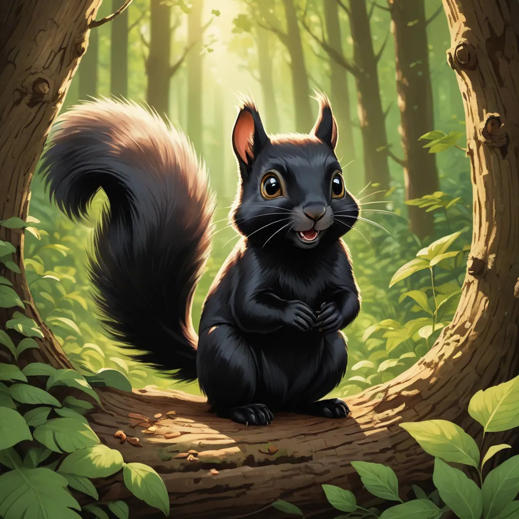 a squirrel sitting on a log in a forest with green leaves and a sunbeam in the background,, altermodern, a character portrait, Chris LaBrooy, official art