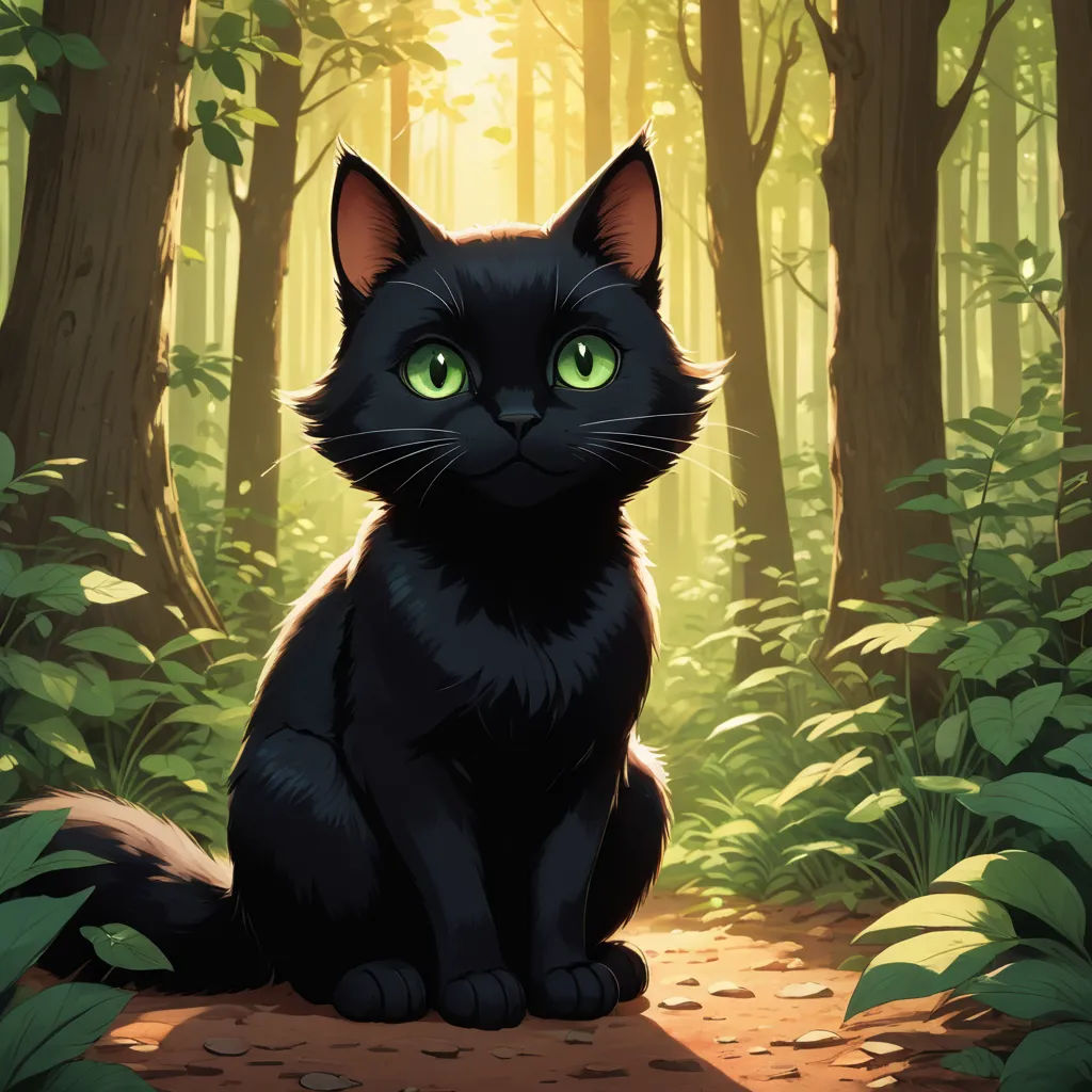a black cat sitting in the middle of a forest with green eyes and a trail in the background with trees, sots art, a storybook illustration, Brom, official art