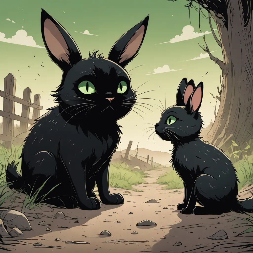 a black cat and a black cat sitting on a dirt road near a tree and fence with green eyes, gothic art, a storybook illustration, Dan Mumford, josan gonzales and dan mumford