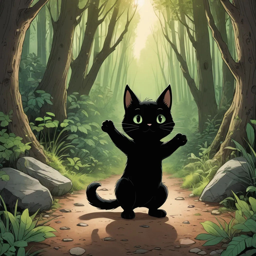 a black cat is standing on its hind legs in a forest setting with sunlight shining through the trees and rocks, sots art, a comic book panel, Anne Said, official art