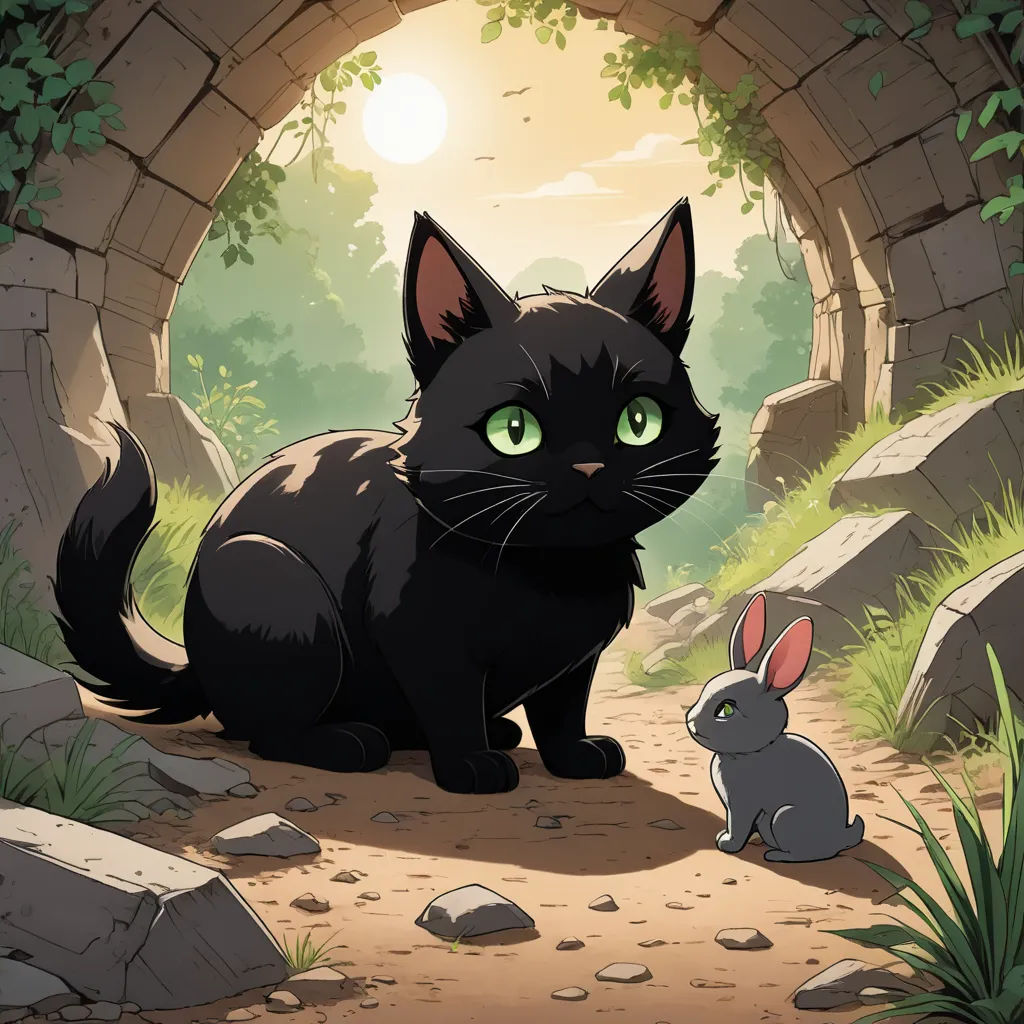 a black cat and a rabbit sitting in a tunnel with a light shining on them and a stone wall, sots art, a storybook illustration, Anne Said, official art