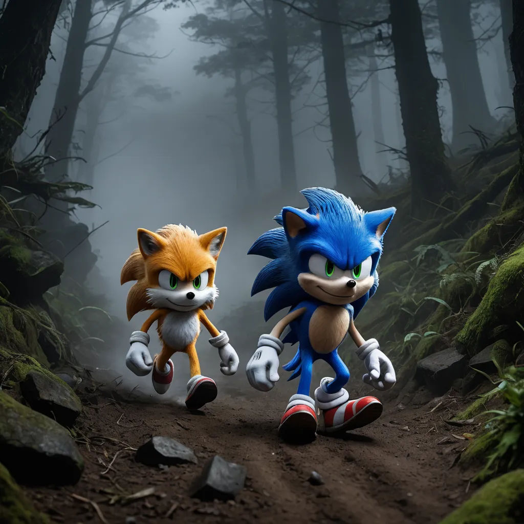 two sonic and tails characters are walking in the woods together in front of a foggy forest with trees, sots art, a 3D render, Chris LaBrooy, unreal engine 5 highly rendered