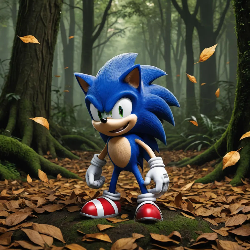 a sonic the hedgehog character in a forest with leaves on the ground and trees in the background,, sots art, a 3D render, Chris LaBrooy, official art