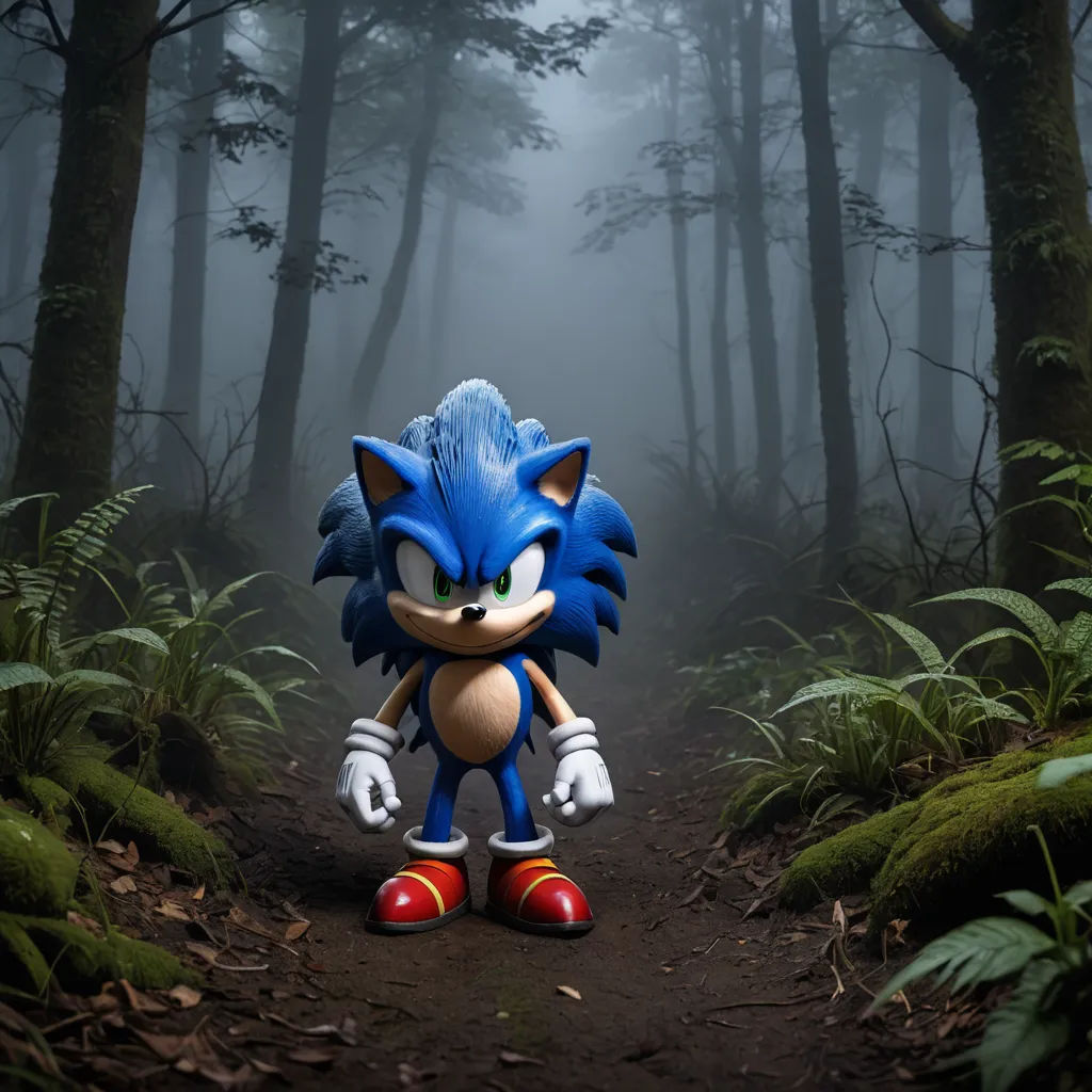a sonic the hedgehog character is walking through a forest of trees and ferns in a foggy scene, photorealism, a 3D render, Chris LaBrooy, photorealistic lighting
