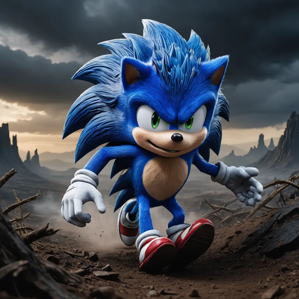 a cartoon character running across a dirt field with a sky background and clouds in the background, with a shadow of a hedge, photorealism, a 3D render, Chris LaBrooy, unreal engine 5 highly rendered