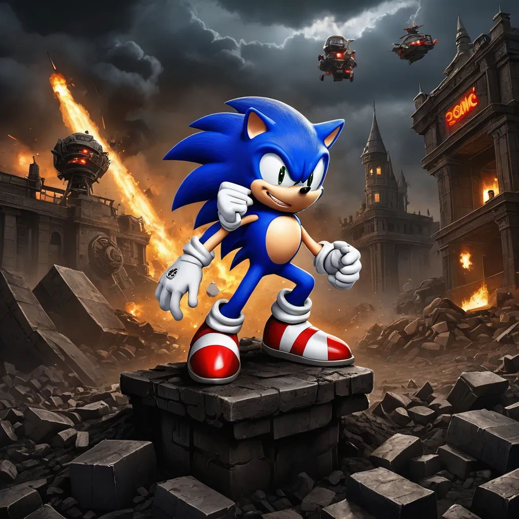 a cartoon character is standing on a rock in front of a destroyed city with a rocket ship in the background, sots art, concept art, Chris LaBrooy, key art