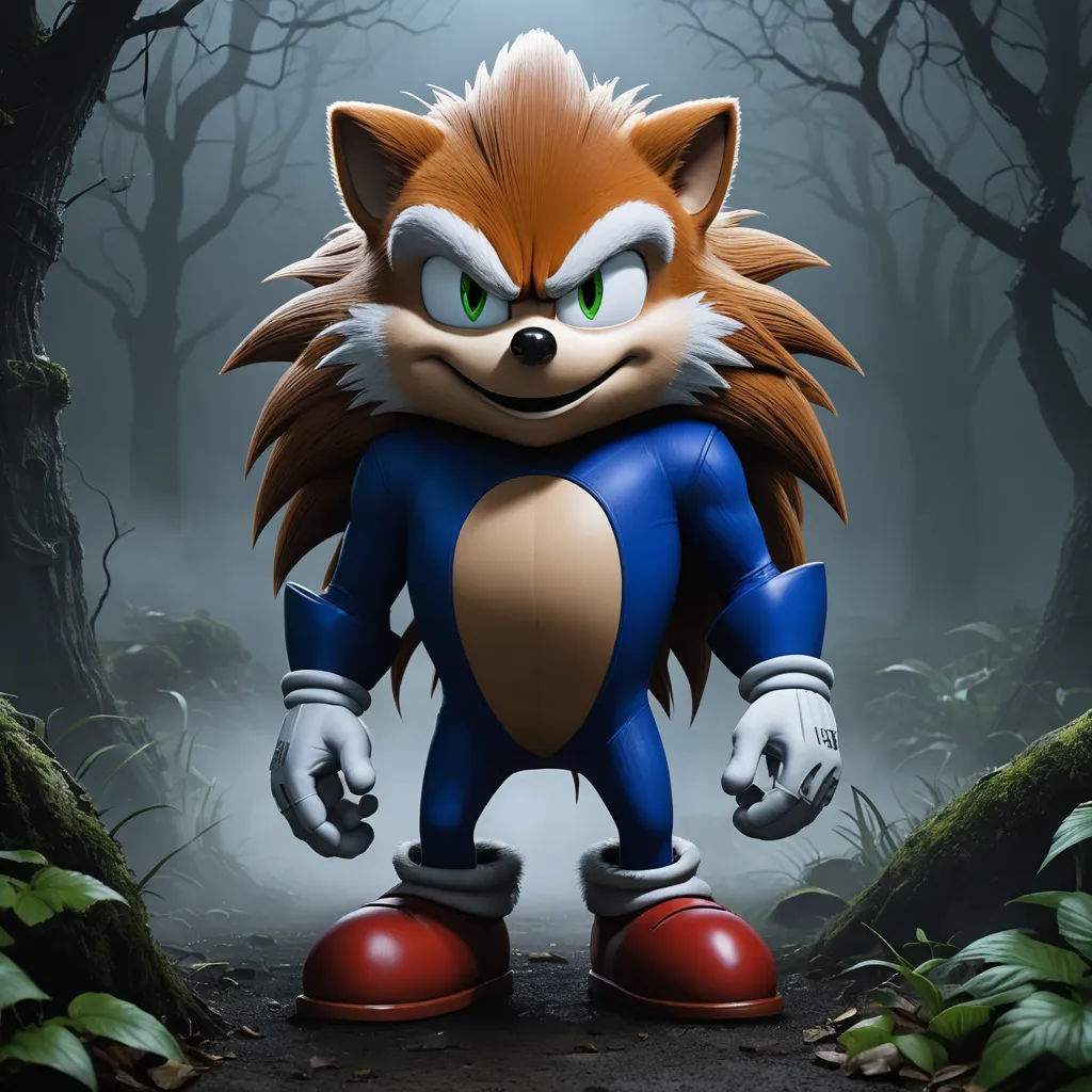 a cartoon character with a red nose and blue outfit in a forest with trees and bushes, with a creepy background, sots art, a 3D render, Eddie Mendoza, unreal engine 5 quality render