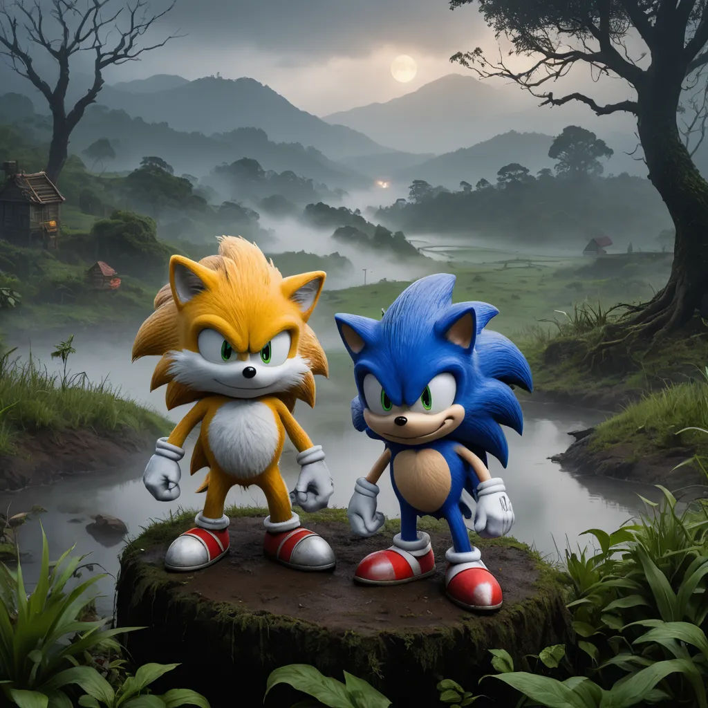 a couple of sonic and tails standing on top of a rock in a forest next to a river and a forest, sots art, a 3D render, Chris LaBrooy, unreal engine 5 highly rendered