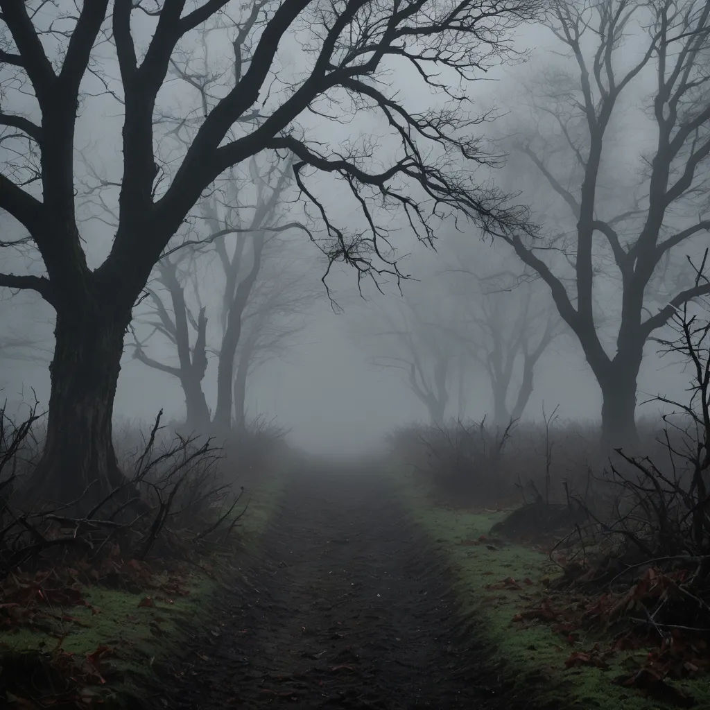 a foggy path leading through a forest with trees on either side of it and a path leading to the right, gothic art, a matte painting, Dirk Crabeth, gloomy atmosphere