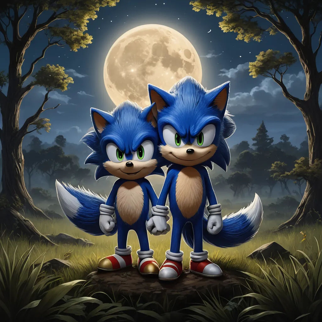 two cartoon characters are standing in front of a full moon and trees with their tails curled up and their eyes closed, sots art, an album cover, Dan Mumford, official art