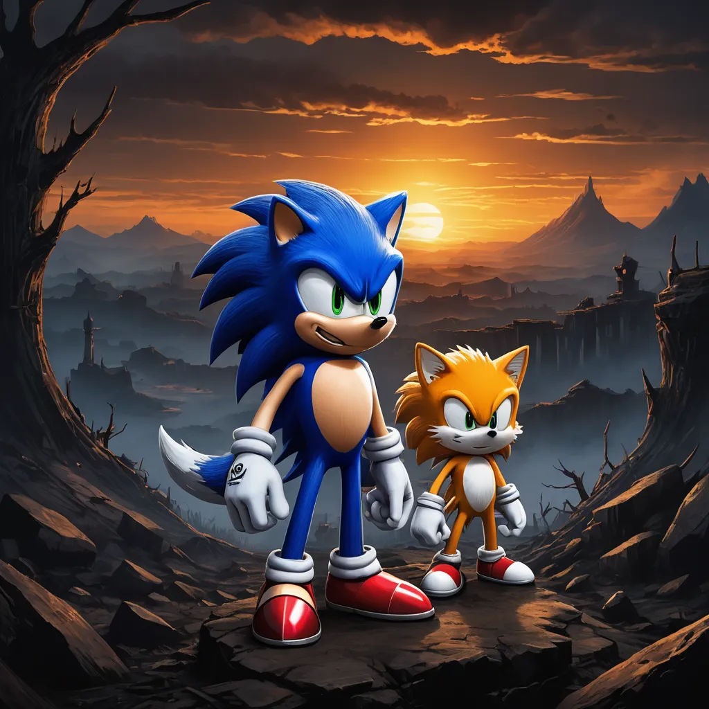 a cartoon of a couple of sonic and tails standing next to each other in a forest at sunset with a full moon in the background, sots art, concept art, Eddie Mendoza, key art