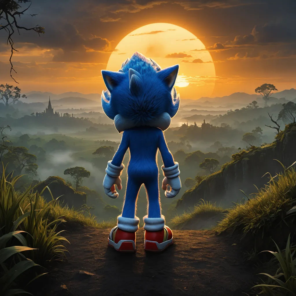 a blue cat is standing on a dirt road in front of a sunset and a forest with trees and bushes, sots art, concept art, Chris LaBrooy, key art
