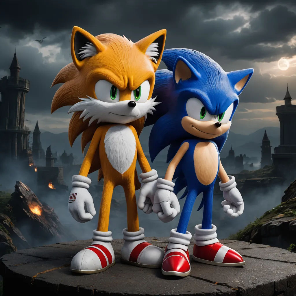 a couple of cartoon characters standing on top of a rock formation in front of a castle with a dark sky, sots art, a 3D render, Chris LaBrooy, unreal engine 5 highly rendered