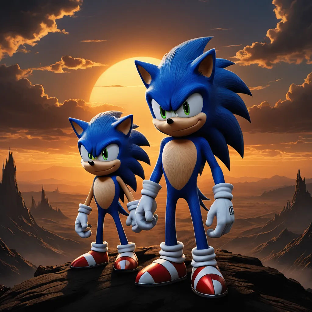 a couple of sonic the hedgehogs standing on top of a hill at sunset with a full moon in the background, sots art, a 3D render, Eddie Mendoza, official art