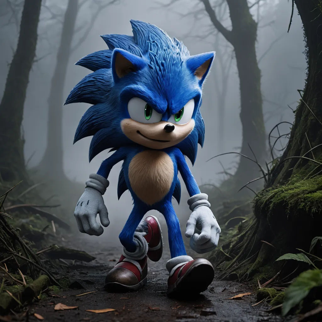 a sonic the hedgehog character is walking through a forest of trees and bushes in a scene from the movie sonic the hedgehog, photorealism, a 3D render, Chris LaBrooy, unreal engine 5 highly rendered