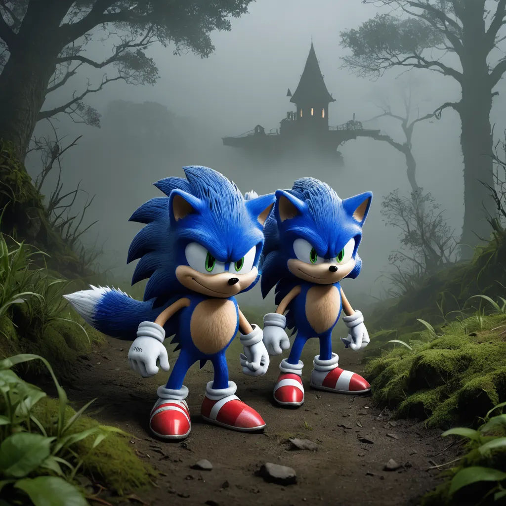 two sonic the hedgehogs are walking in the woods together in front of a castle in the fog, sots art, concept art, Chris LaBrooy, unreal engine 5 highly rendered