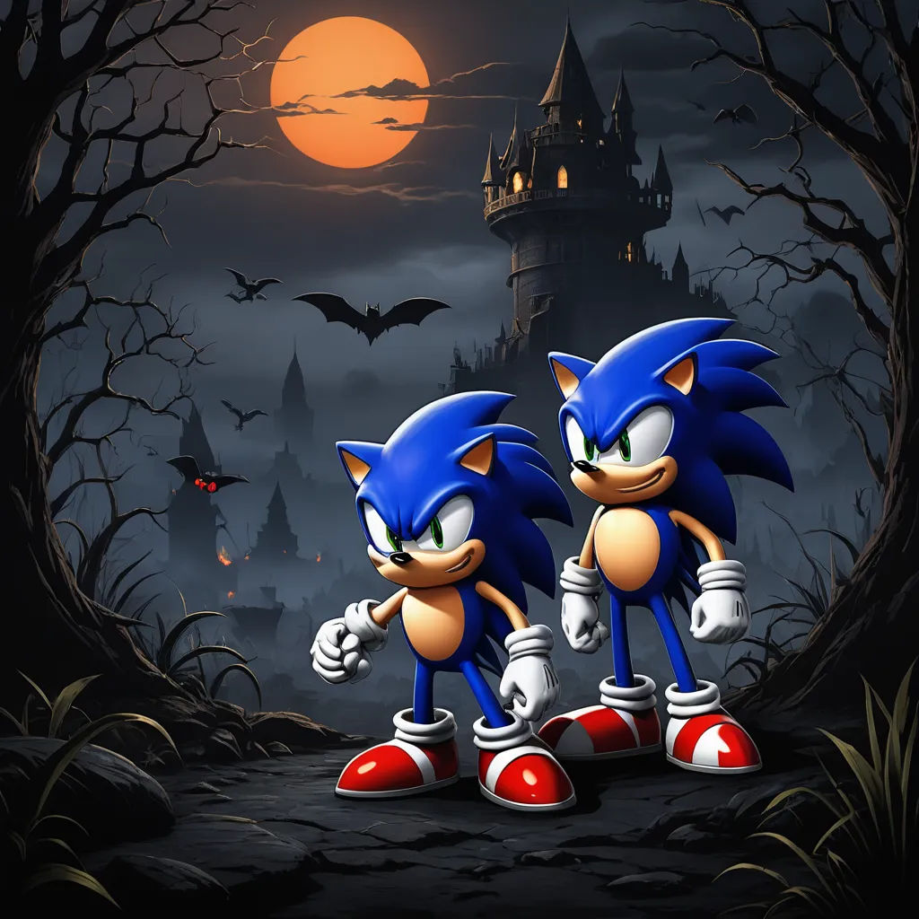two sonic the hedgehogs are standing in front of a castle at night with bats and bats flying, sots art, concept art, Andries Both, official art