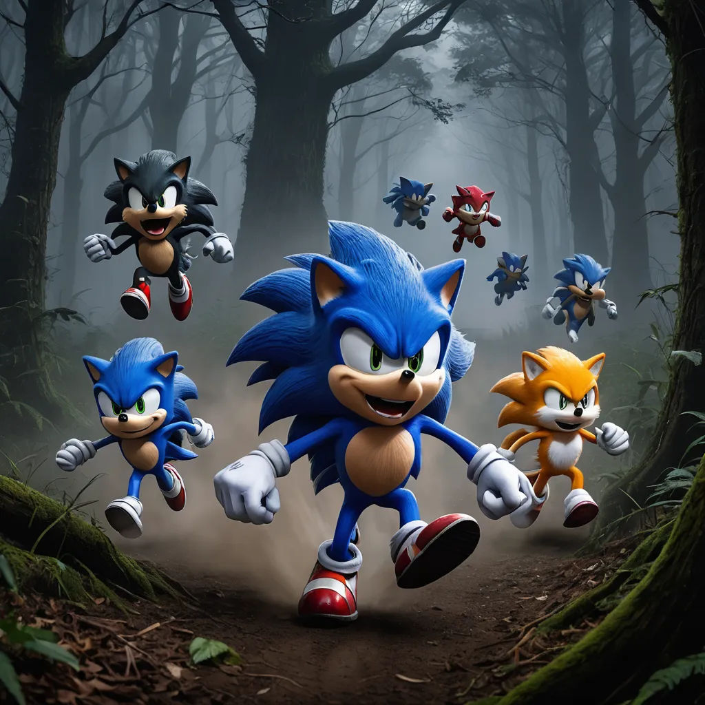 a group of sonic the hedgehogs running through a forest with their tails out and eyes closed,, sots art, a 3D render, Chris LaBrooy, official art