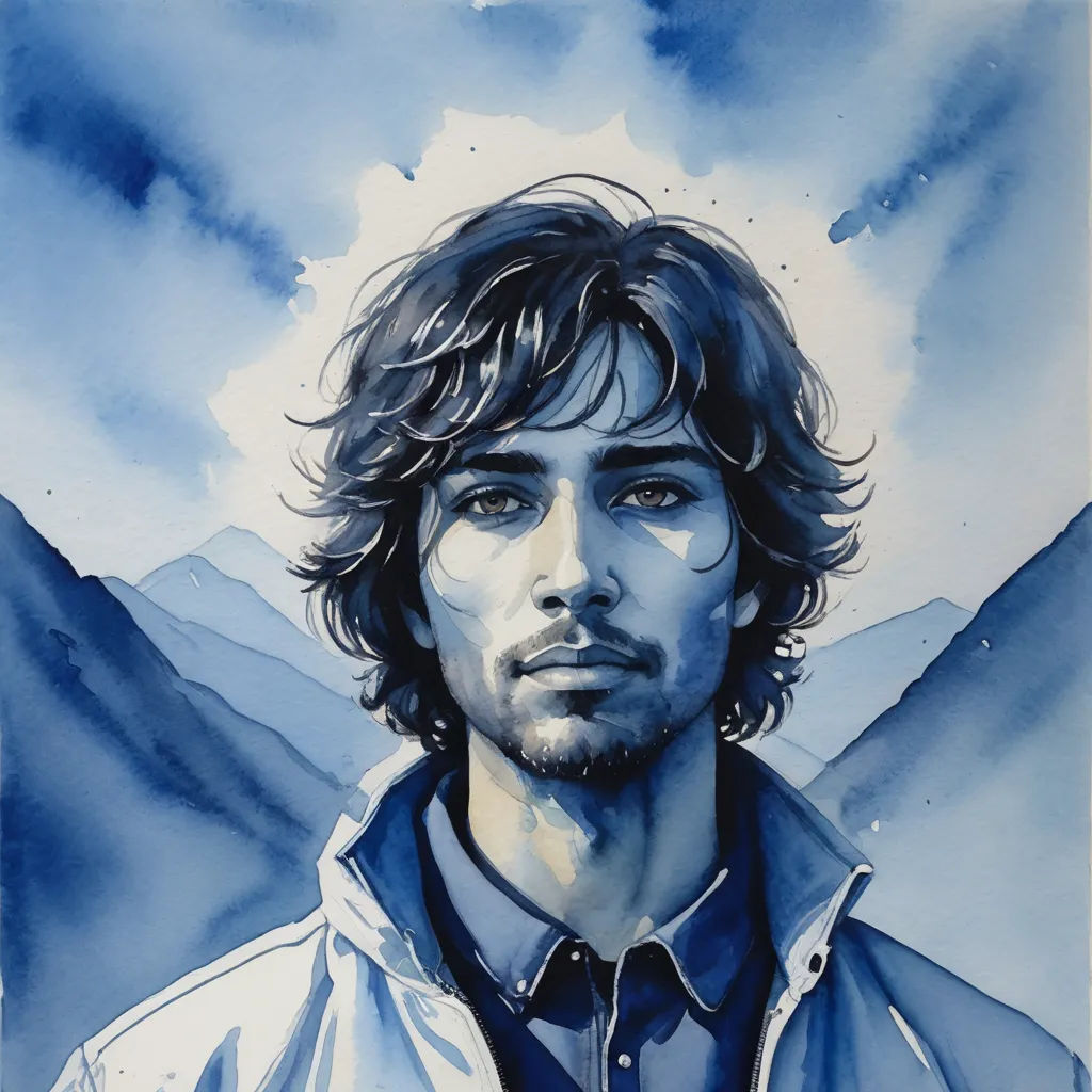 a painting of a man with long hair and a beard in a blue shirt with mountains in the background, modern european ink painting, a character portrait, David Boyd, dnd character art portrait