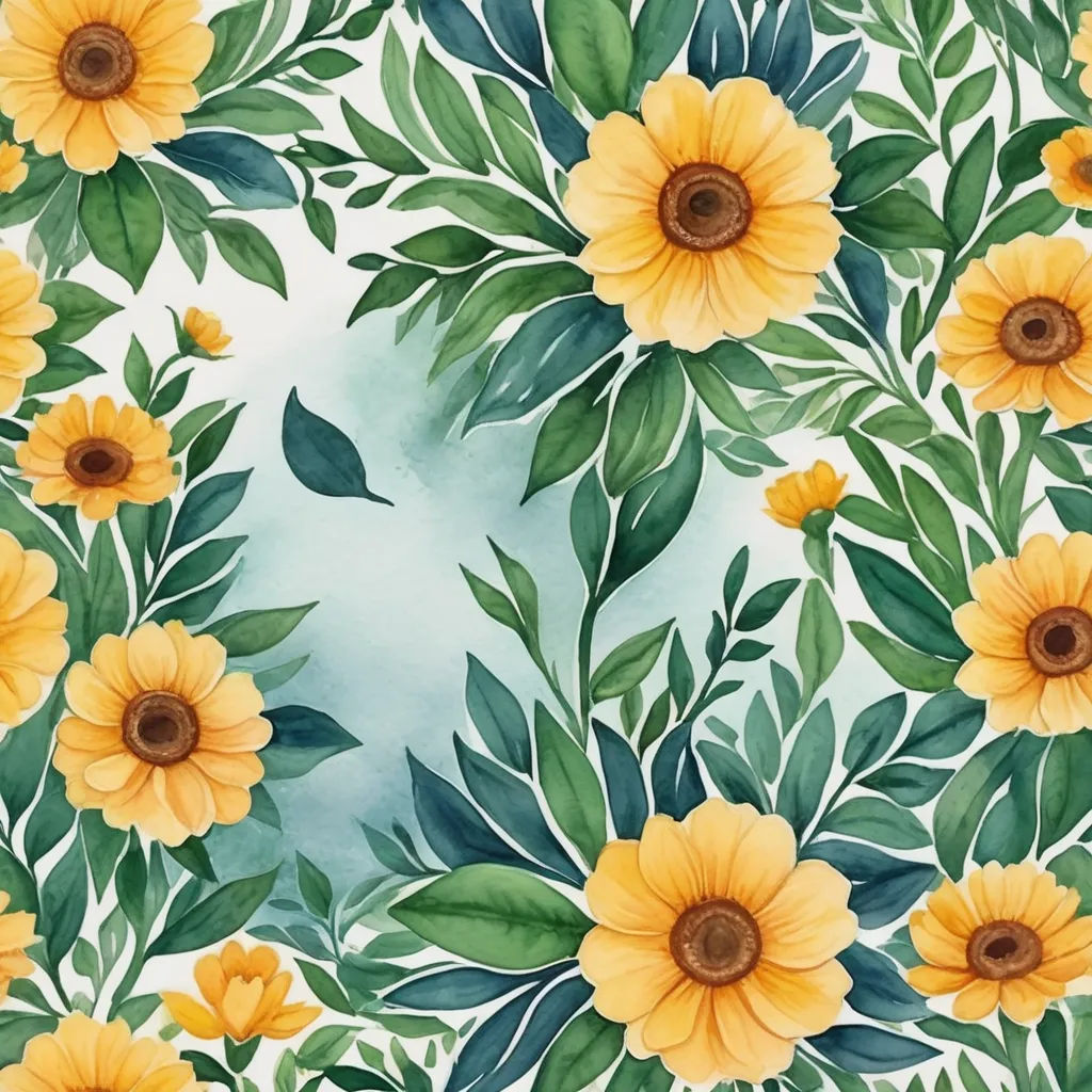a watercolor painting of yellow flowers and green leaves on a white background with a blue center piece in the center, aestheticism, a detailed painting, Annabel Kidston, highly detailed digital painting