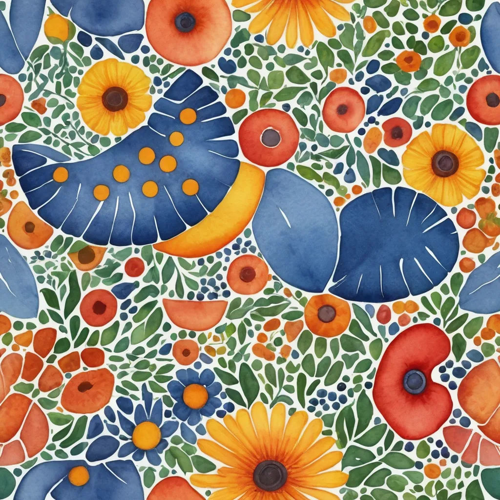 a painting of flowers and leaves on a white background with blue and orange colors on it, and a blue bird on the right side of the image, naive art, a watercolor painting, Annabel Kidston, in gouache detailed paintings