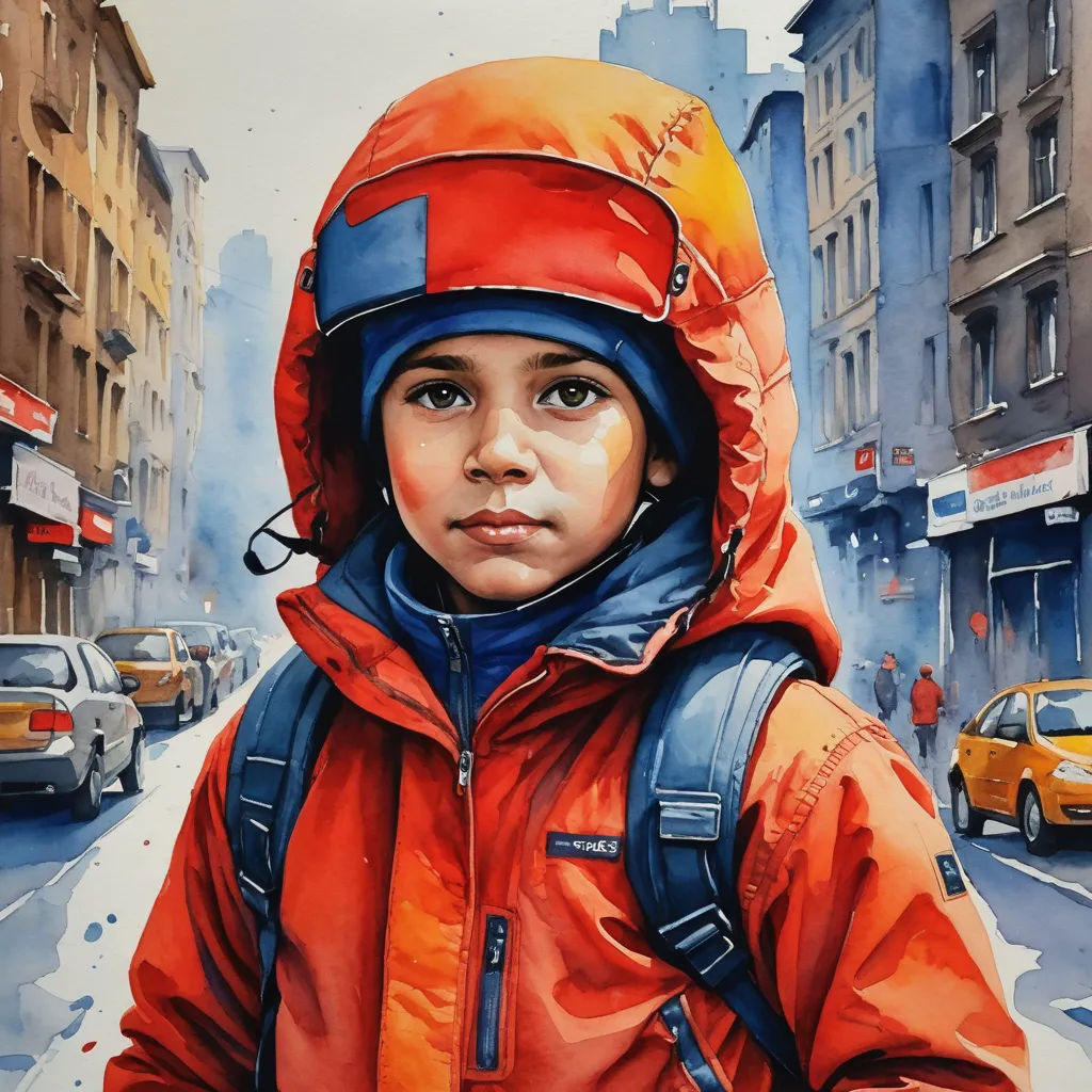 a painting of a young boy in a red jacket and blue backpack on a city street with buildings and cars, figurative art, a watercolor painting, Enki Bilal, in gouache detailed paintings