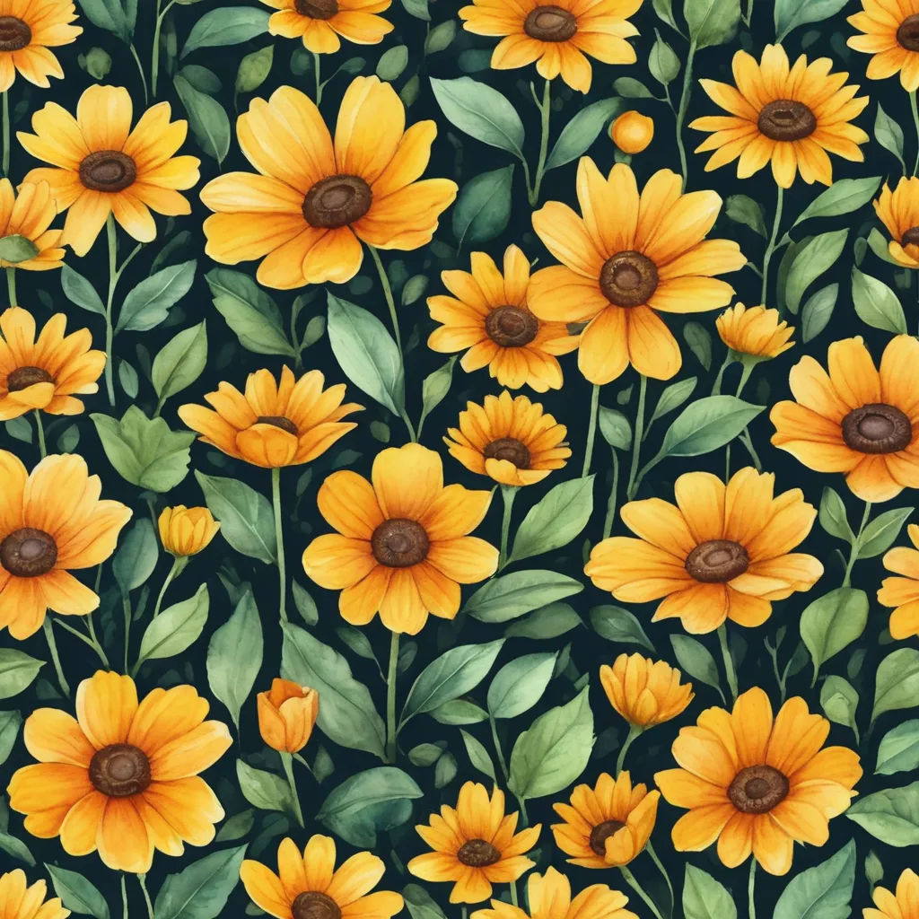 a painting of yellow flowers with green leaves on a black background with a brown center and a brown center, folk art, a detailed painting, Annabel Kidston, flowers