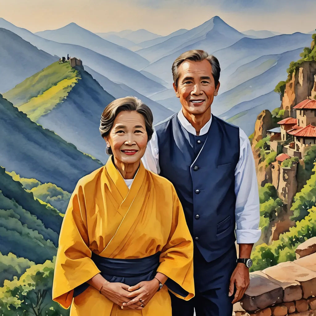 a painting of a man and woman standing next to each other in front of a mountain landscape with a castle, naive art, a hyperrealistic painting, Byeon Sang-byeok, highly detailed oil painting