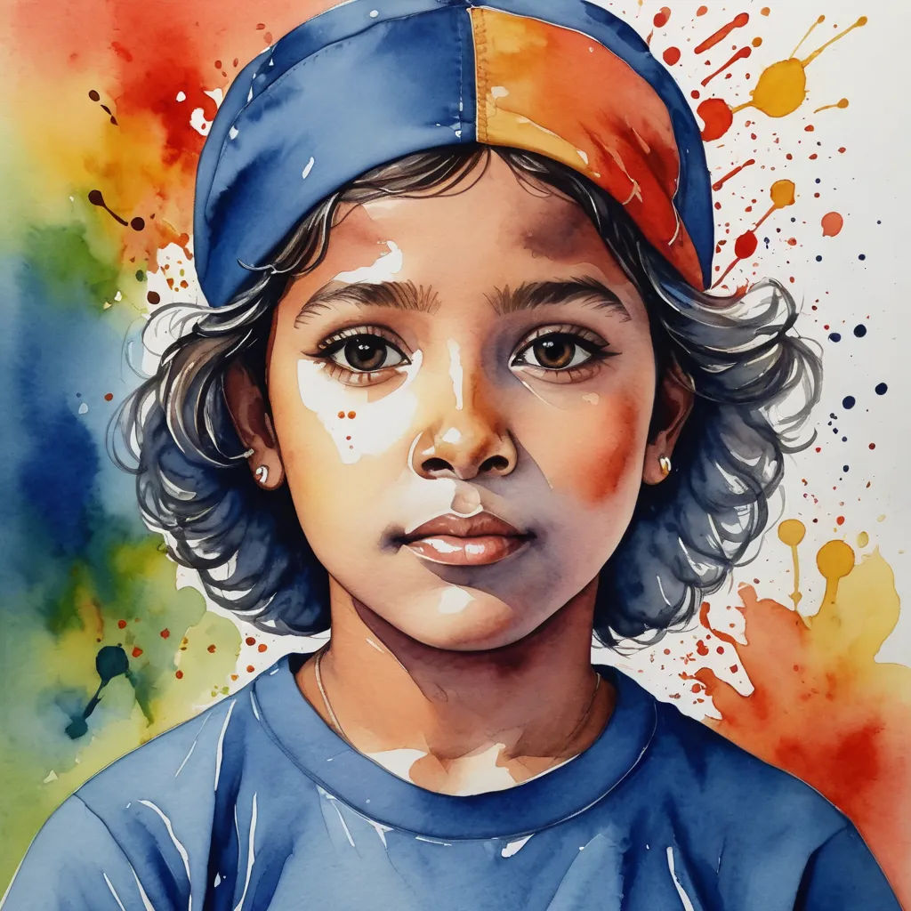 a painting of a young boy wearing a blue shirt and a baseball cap with a splattered background, modern european ink painting, an ultrafine detailed painting, artist, in gouache detailed paintings