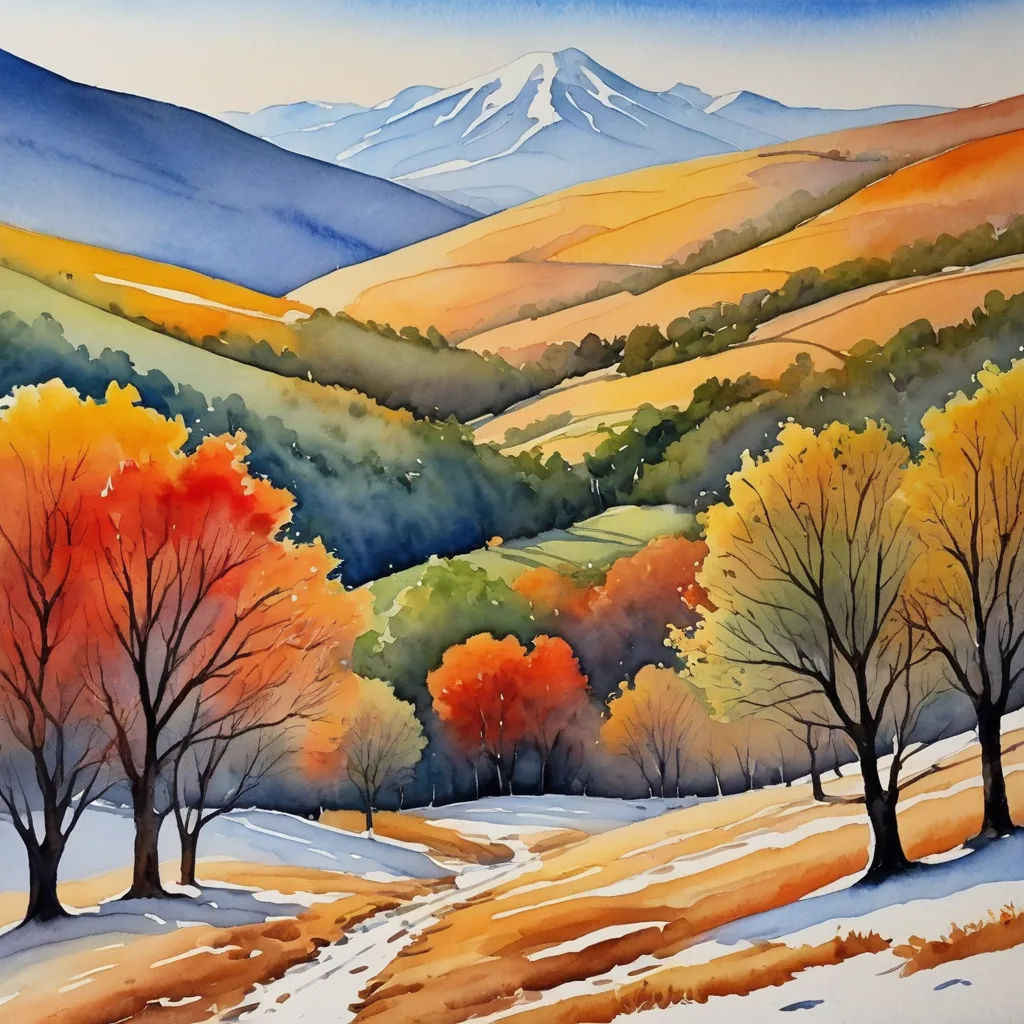 a painting of a snowy landscape with trees and mountains in the background with snow on the ground and a trail leading to the top of the hill, american scene painting, a watercolor painting, David Martin, watercolor