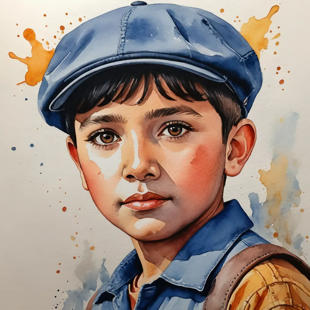 a painting of a boy wearing a blue hat and a blue shirt and a brown vest and a brown bag, figurative art, an ultrafine detailed painting, Amir Zand, photorealistic portrait