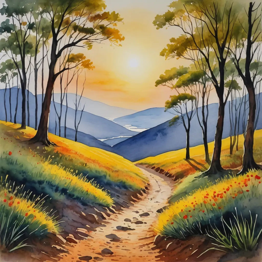 a painting of a path leading to a beautiful sunset in the mountains with poppies and poppies in the grass, american scene painting, an airbrush painting, Art Brenner, beautiful landscape