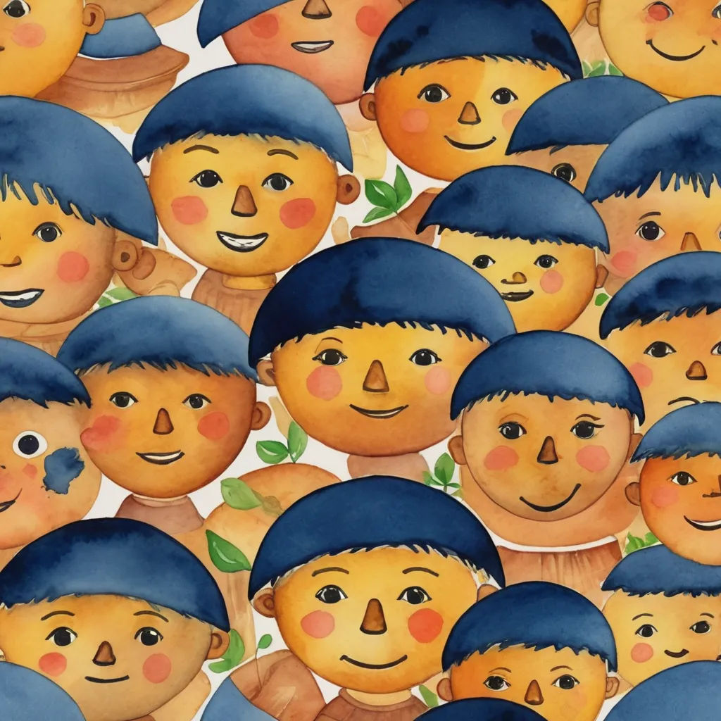 a group of children with blue hair and blue caps on their heads are depicted in a pattern of faces, naive art, a storybook illustration, Chiho Aoshima, detailed illustration