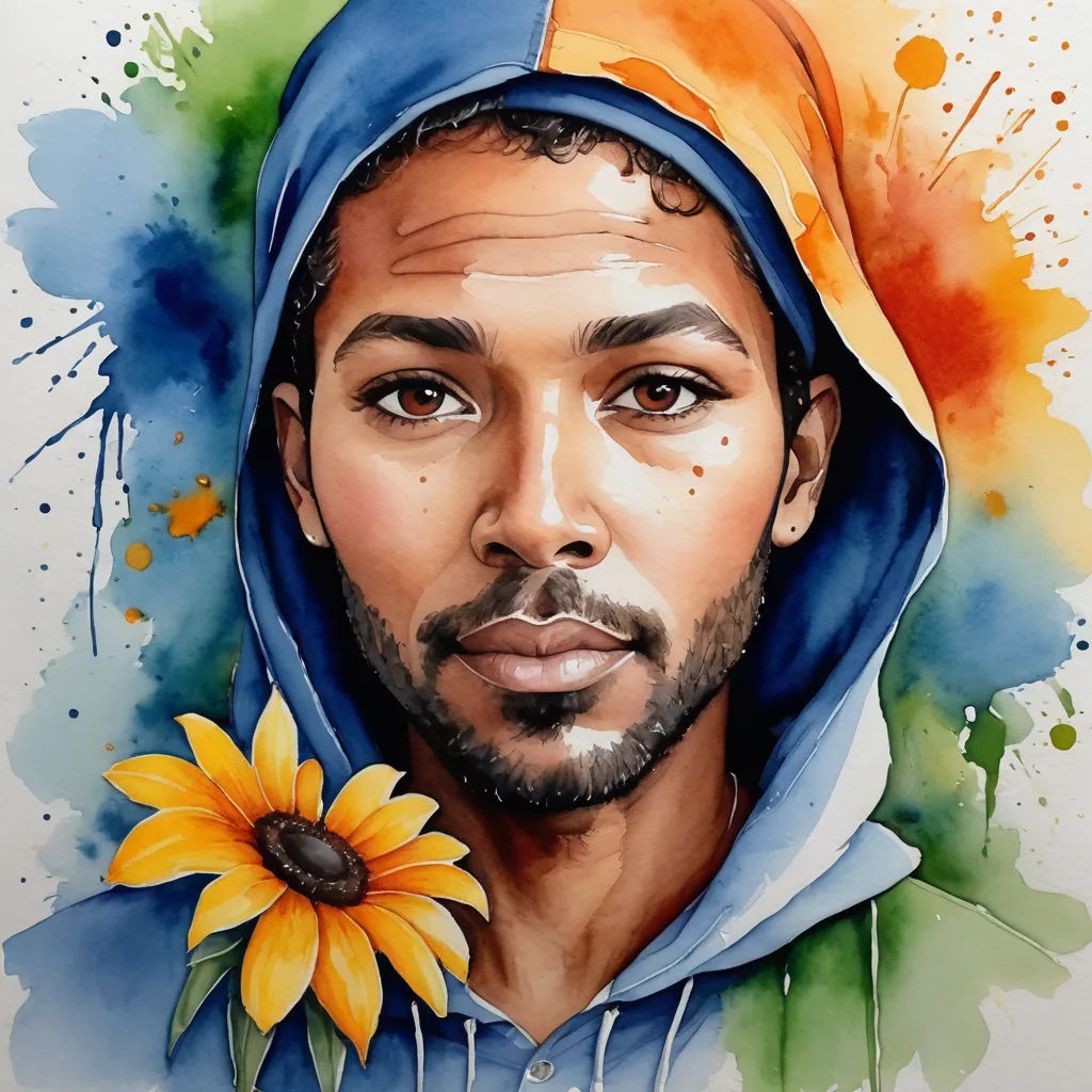 a painting of a man with a sunflower in his hand and a hoodie on his head and a blue hoodie on his head, black arts movement, a watercolor painting, Esao Andrews, photorealistic portrait