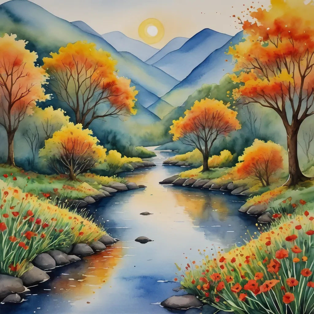 a painting of a river with trees and flowers in the foreground and a mountain range in the background, american scene painting, a watercolor painting, Carol Sutton, beautiful landscape