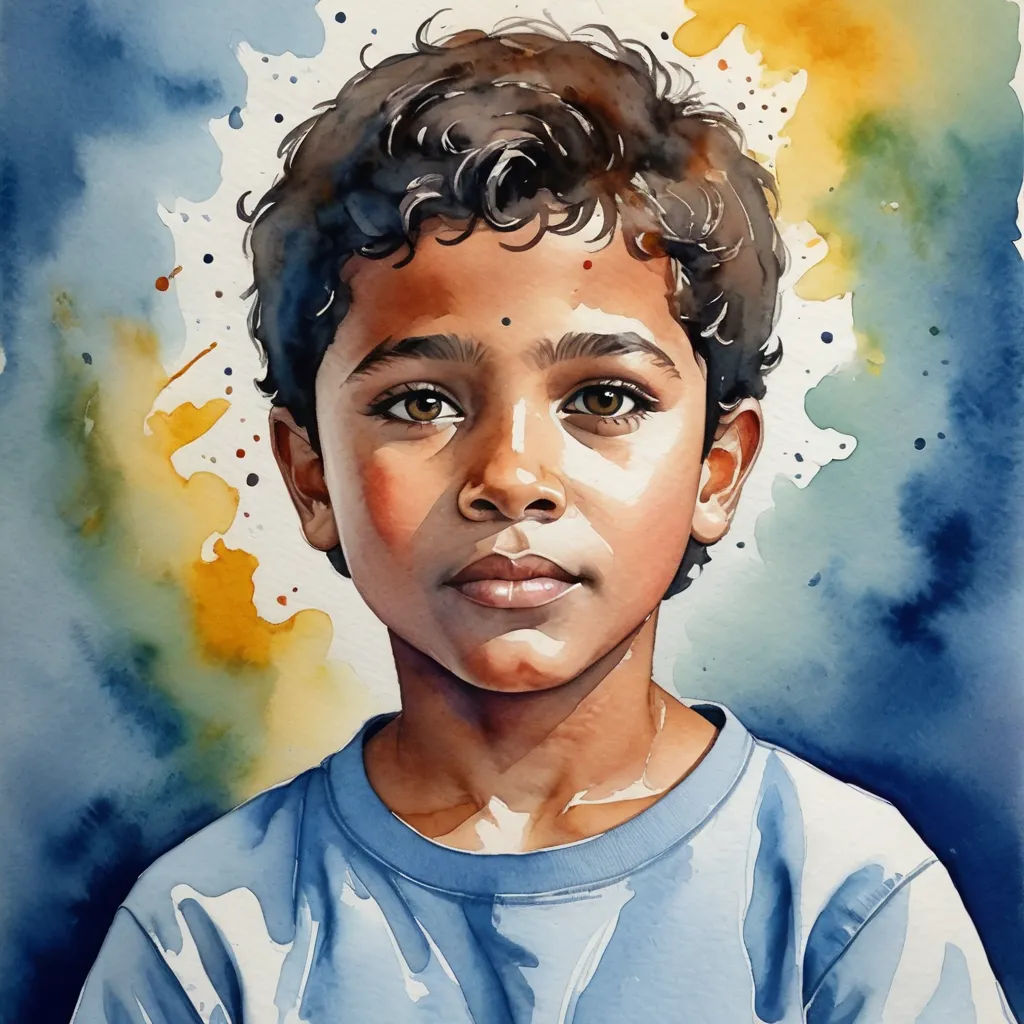 a painting of a boy with a blue shirt on and a yellow and blue background with a white spot, figurative art, a watercolor painting, Diego Gisbert Llorens, in gouache detailed paintings