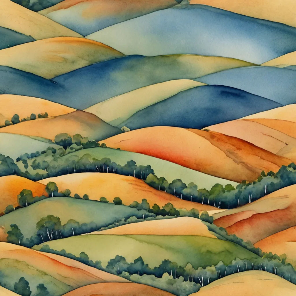 a painting of a hilly landscape with trees and hills in the background, with a blue sky and clouds, precisionism, a watercolor painting, Carol Sutton, landscape