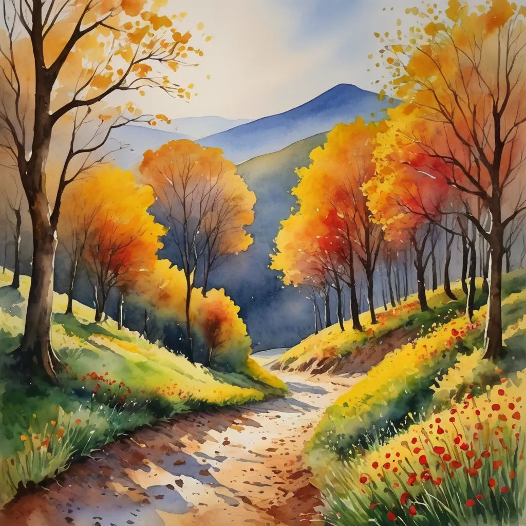 a painting of a dirt road with trees and flowers on it and a mountain in the background with a blue sky, american scene painting, a watercolor painting, David Martin, watercolor