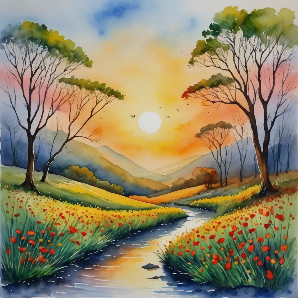 a painting of a river running through a field with trees and flowers in the foreground and a sunset in the background, american scene painting, a watercolor painting, Carol Sutton, watercolor