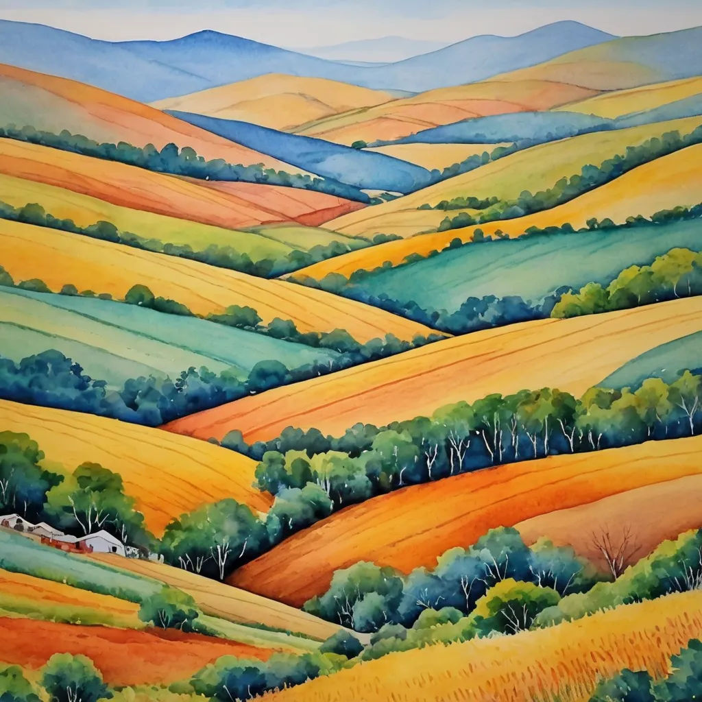 a painting of a hilly landscape with trees and hills in the background, painted in acrylic paint, american scene painting, a watercolor painting, Carol Sutton, landscape